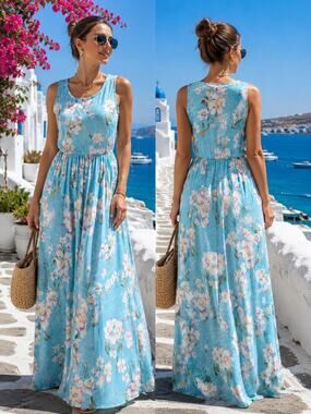 NWT BBX Lephsnt Sky Blue Floral Maxi Dress | Size S | Sleeveless Stretch Summer
